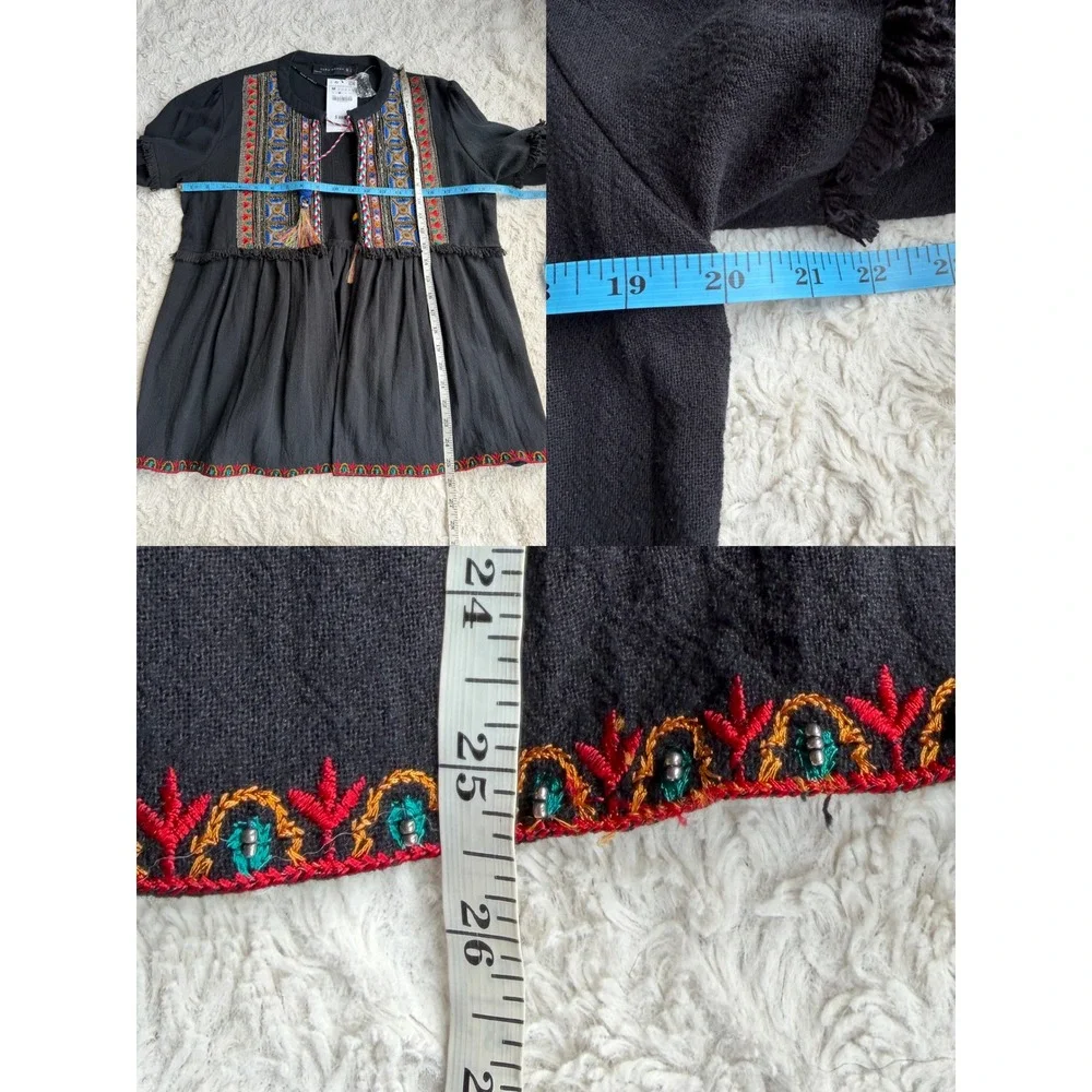New Zara Beaded Folk Embroidered Tassel‎ Boho Blouse Balloon Sleeve Top NWT M